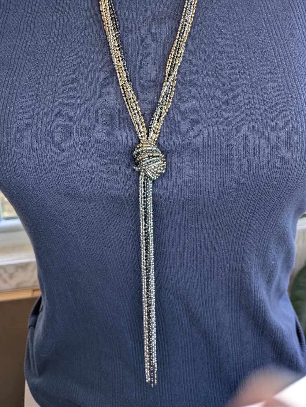 Mixed Metal Beaded Knotted Lariat Tassel Necklace Silver Gold Gunmetal Long